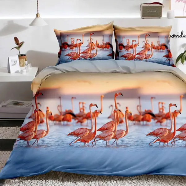 Lenjerie pat dublu, 4 piese, IMPRIMEU 3D Multiplicat, Microfibra, Albastru, flamingo