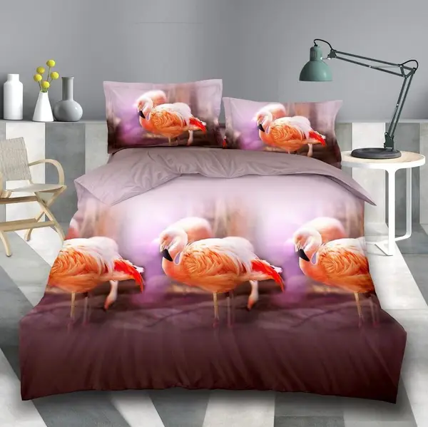 Lenjerie pat dublu, 4 piese, IMPRIMEU 3D Multiplicat, Microfibra, Somon, flamingo