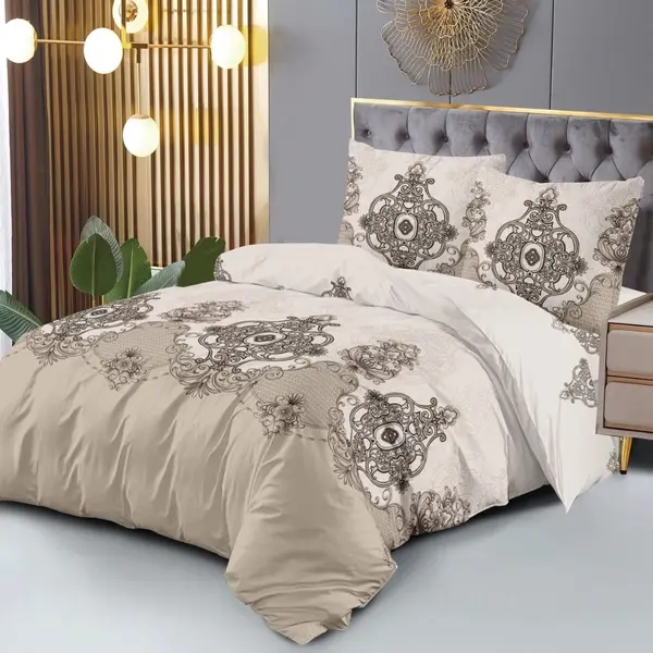Lenjerie pat dublu, 4 piese, microfibra, Pucioasa, bej, elegant