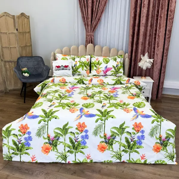 Lenjerie Pat Dublu, Bumbac Ranforce, 4 piese, Atelier Cumparamisim - Lux Suprem, Rafinament Desavarsit, Confort Regal, Alb, Multicolor, tropical