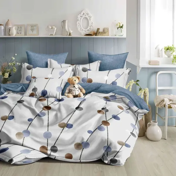 Lenjerie pat dublu bumbac satinat - 3 Bucati 219 Lei - Alb Bleu flori