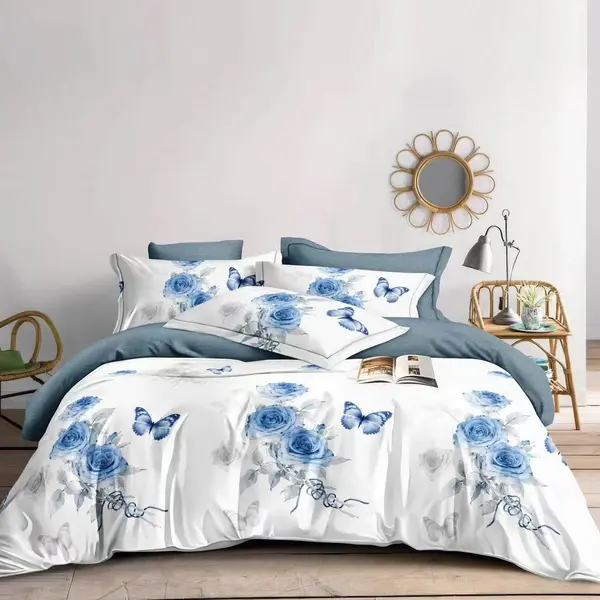 Lenjerie pat dublu bumbac satinat - 3 Bucati 219 Lei - Alb Bleu fluturi