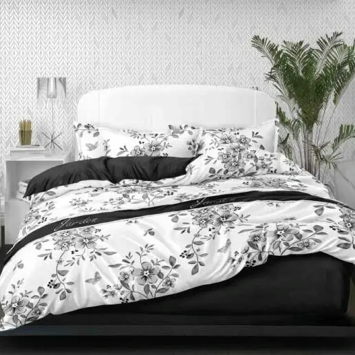 Lenjerie pat dublu bumbac satinat - 3 Bucati 219 Lei - Alb Negru flori