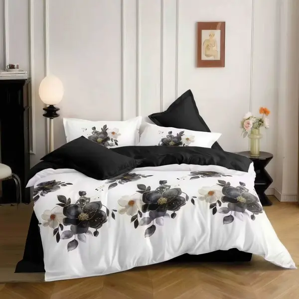 Lenjerie pat dublu bumbac satinat - 3 Bucati 219 Lei - Alb Negru flori