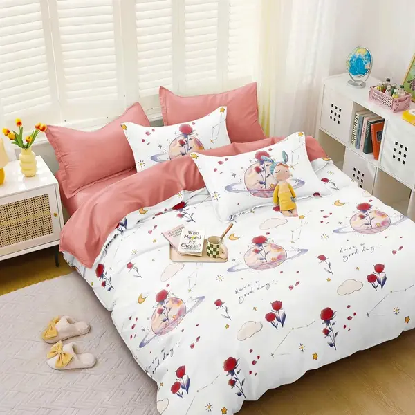 Lenjerie pat dublu bumbac satinat - 3 Bucati 219 Lei - Alb Roz flori