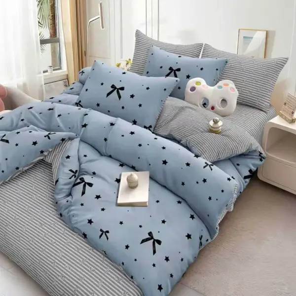 Lenjerie pat dublu bumbac satinat - 3 Bucati 219 Lei - Albastru fundite