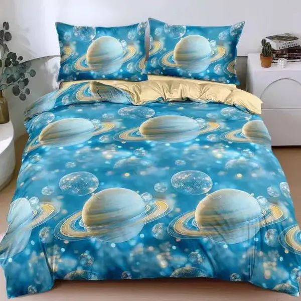 Lenjerie pat dublu bumbac satinat - 3 Bucati 219 Lei - Albastru planete