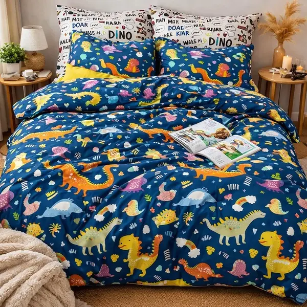 Lenjerie pat dublu bumbac satinat - 3 Bucati 219 Lei - Albastru Dinozauri