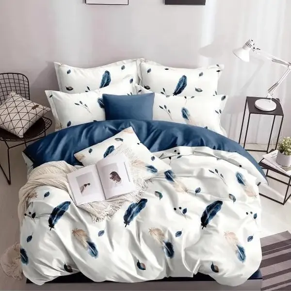 Lenjerie pat dublu bumbac satinat - 3 Bucati 219 Lei - Albastru pene