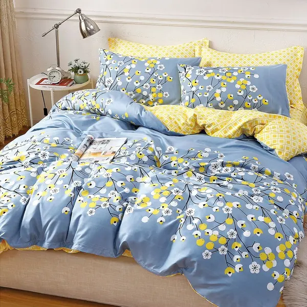 Lenjerie pat dublu bumbac satinat - 3 Bucati 219 Lei - Albastru floricele