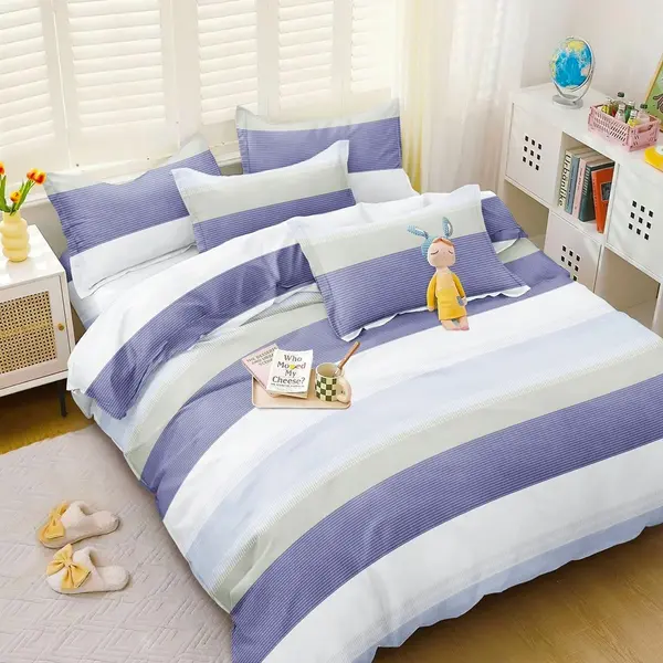 Lenjerie pat dublu bumbac satinat - 3 Bucati 219 Lei - Bleu dungi