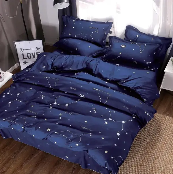 Lenjerie pat dublu bumbac satinat - 3 Bucati 219 Lei - Bleumarin stelute