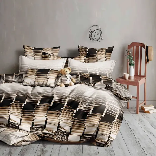 Lenjerie pat dublu bumbac satinat - 3 Bucati 219 Lei - Crem Maro abstract