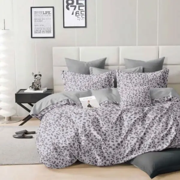 Lenjerie pat dublu bumbac satinat - 3 Bucati 219 Lei - Gri animal print