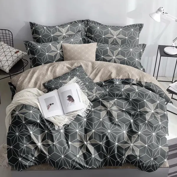 Lenjerie pat dublu bumbac satinat - 3 Bucati 219 Lei - Gri forme geometrice