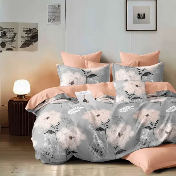 Lenjerie pat dublu bumbac satinat - 3 Bucati 219 Lei - Gri Roz flori