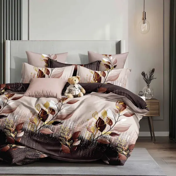 Lenjerie pat dublu bumbac satinat - 3 Bucati 219 Lei - Maro flori