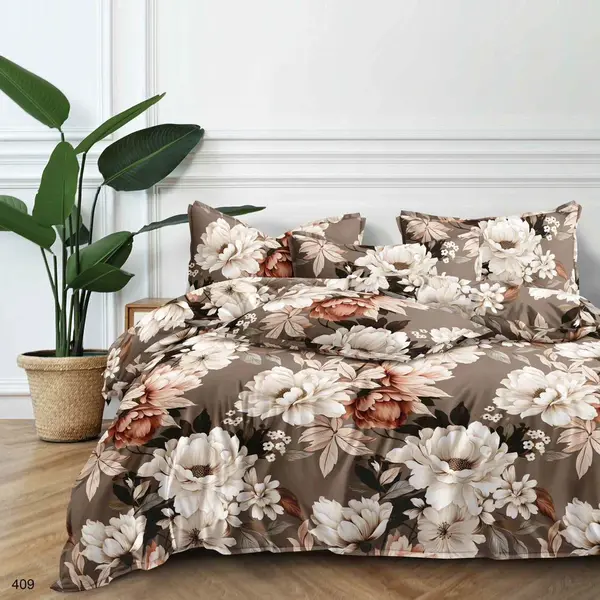 Lenjerie pat dublu bumbac satinat - 3 Bucati 219 Lei - Maro flori