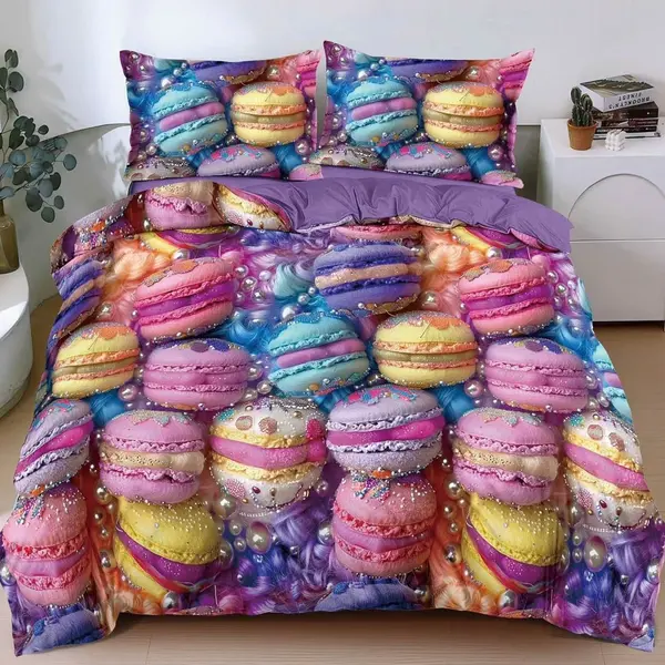 Lenjerie pat dublu bumbac satinat - 3 Bucati 219 Lei - Mov multicolor macarons