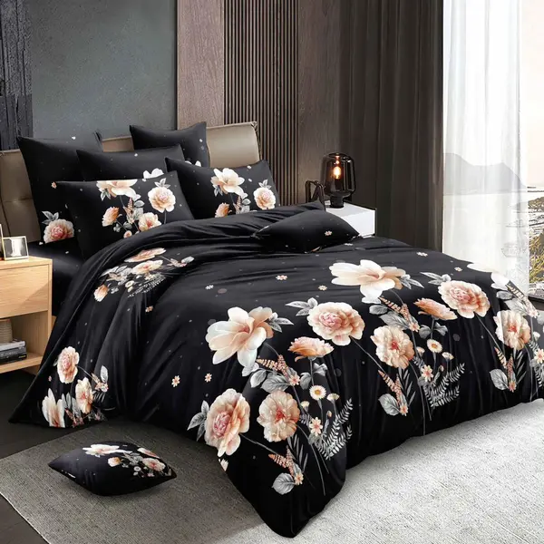 Lenjerie pat dublu bumbac satinat - 3 Bucati 219 Lei - Negru flori