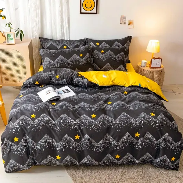 Lenjerie pat dublu bumbac satinat - 3 Bucati 219 Lei - Negru Galben stelute