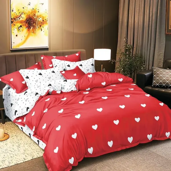 Lenjerie pat dublu bumbac satinat - 3 Bucati 219 Lei - Rosu Alb inimioare