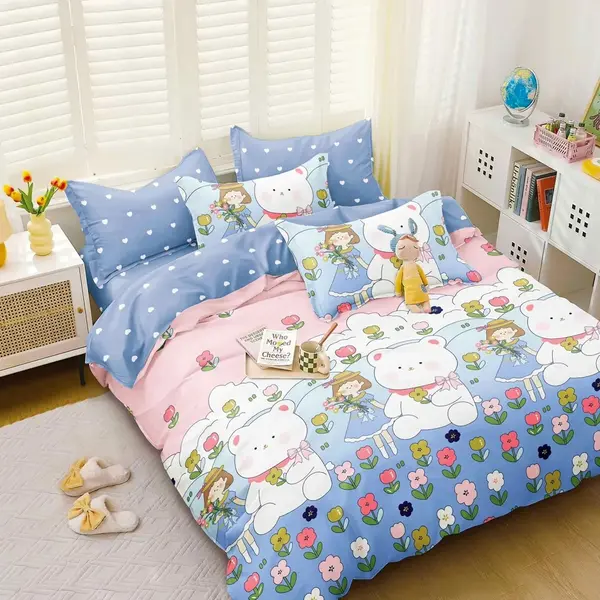 Lenjerie pat dublu bumbac satinat - 3 Bucati 219 Lei - Roz Bleu ursuleti