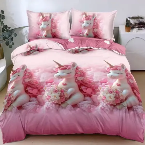 Lenjerie pat dublu bumbac satinat - 3 Bucati 219 Lei - Roz unicorni