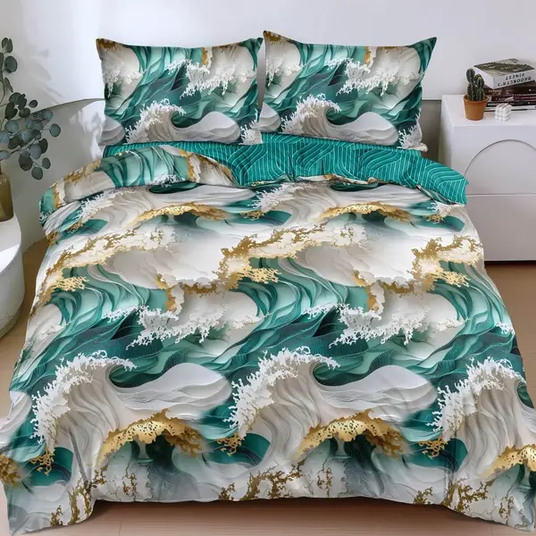 Lenjerie pat dublu bumbac satinat - 3 Bucati 219 Lei - Verde Gri abstract
