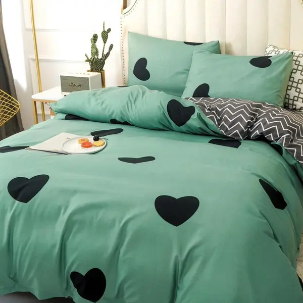Lenjerie pat dublu bumbac satinat - 3 Bucati 219 Lei - Verde inimioare