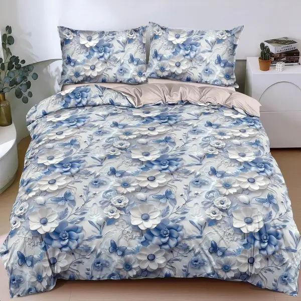 Lenjerie pat dublu, bumbac satinat, cearsaf clasic, 4 piese, Albastru, floricele