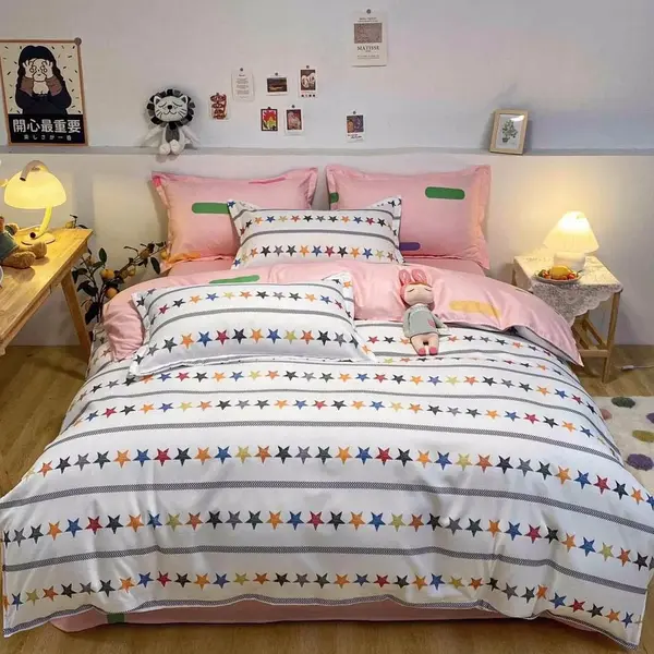 Lenjerie pat dublu, bumbac satinat, cearsaf clasic, 4 piese, Alb, stelute