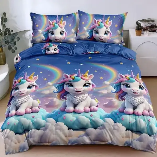 Lenjerie pat dublu, bumbac satinat, cearsaf clasic, 4 piese, Albastru, unicorni