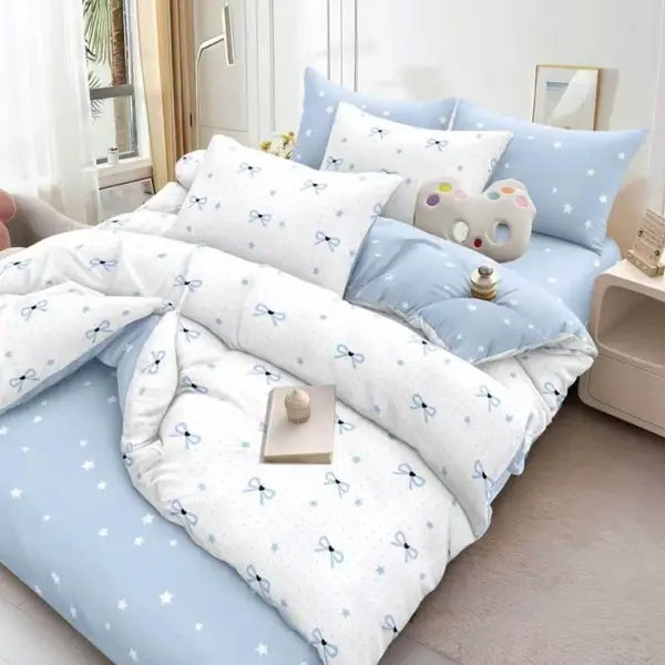 Lenjerie pat dublu, bumbac satinat, cearsaf clasic, 4 piese, Alb Bleu fundite