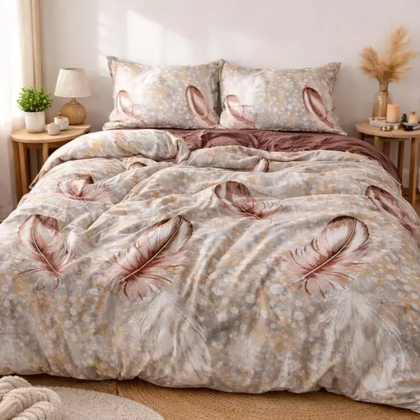 Lenjerie pat dublu, bumbac satinat, cearsaf clasic, 4 piese, Bej, pene