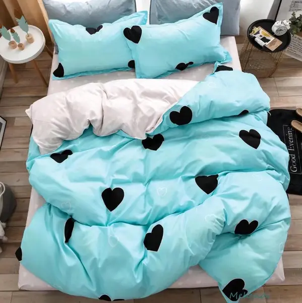 Lenjerie pat dublu, bumbac satinat, cearsaf clasic, 4 piese, Bleu, inimioare