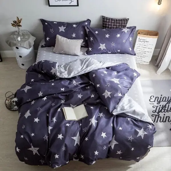 Lenjerie pat dublu, bumbac satinat, cearsaf clasic, 4 piese, Bleumarin, stelute