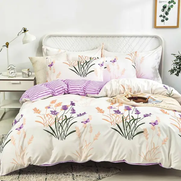 Lenjerie pat dublu, bumbac satinat, cearsaf clasic, 4 piese, Crem, Mov, flori
