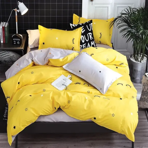 Lenjerie pat dublu, bumbac satinat, cearsaf clasic, 4 piese, Galben, stelute, gene