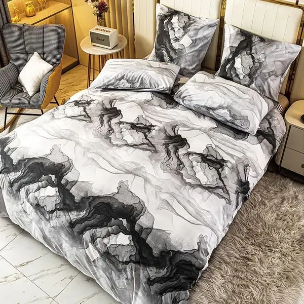 Lenjerie pat dublu, bumbac satinat, cearsaf clasic, 4 piese, Gri, marmura
