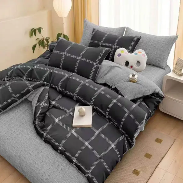 Lenjerie pat dublu, bumbac satinat, cearsaf clasic, 4 piese, Gri chenare