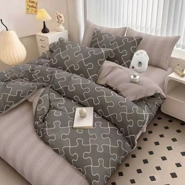 Lenjerie pat dublu, bumbac satinat, cearsaf clasic, 4 piese, Gri puzzle