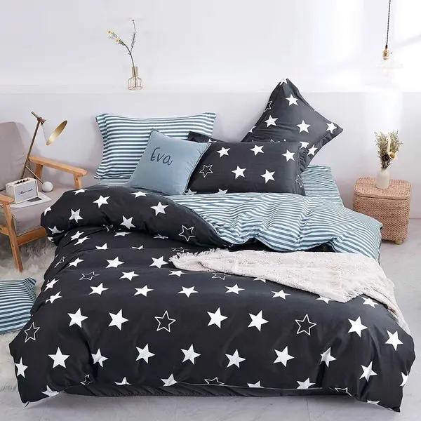 Lenjerie pat dublu, bumbac satinat, cearsaf clasic, 4 piese, Gri, stelute