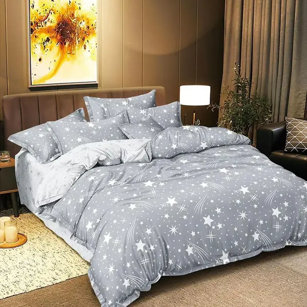Lenjerie pat dublu, bumbac satinat, cearsaf clasic, 4 piese, Gri, stelute