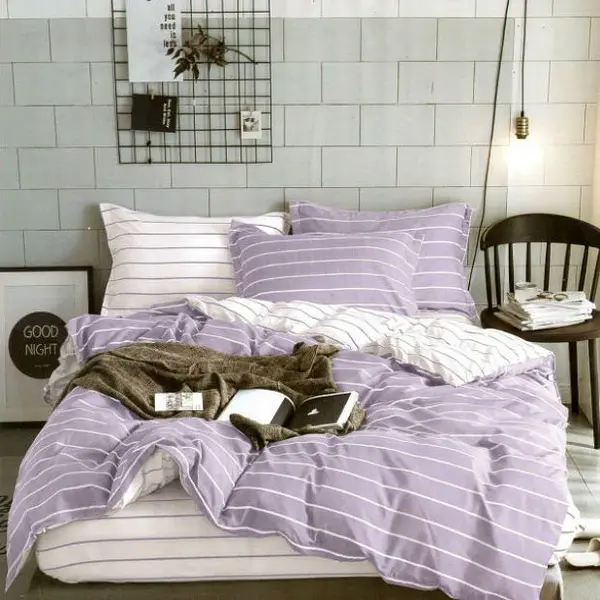Lenjerie pat dublu, bumbac satinat, cearsaf clasic, 4 piese, Lila, dungi