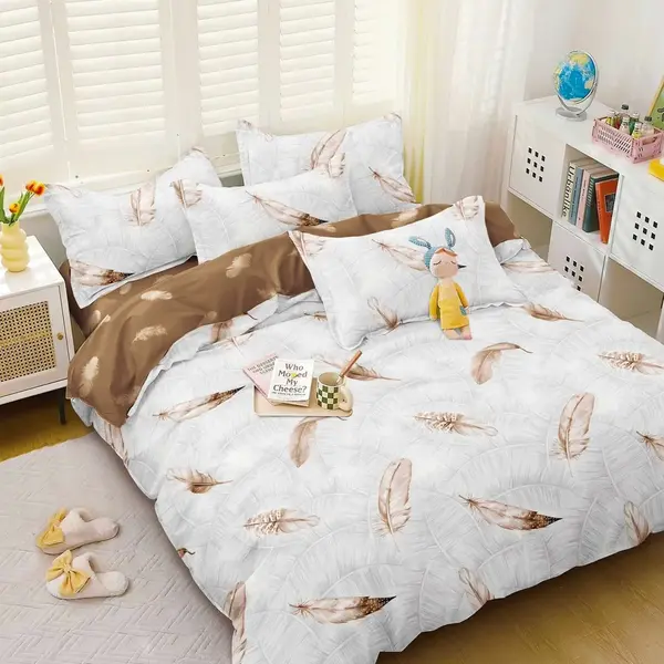 Lenjerie pat dublu, bumbac satinat, cearsaf clasic, 4 piese, Maro, pene
