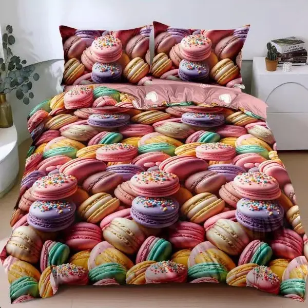 Lenjerie pat dublu, bumbac satinat, cearsaf clasic, 4 piese, Multicolor, macarons