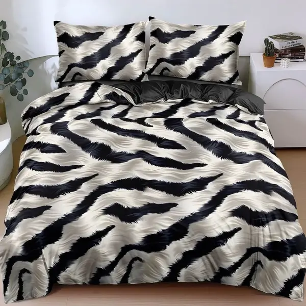 Lenjerie pat dublu, bumbac satinat, cearsaf clasic, 4 piese, Negru, Gri, animal print