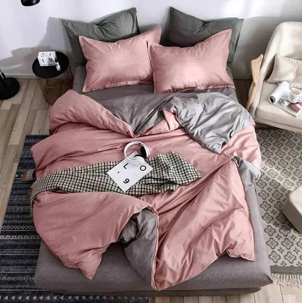 Lenjerie pat dublu, bumbac satinat, cearsaf clasic, 4 piese, Roz