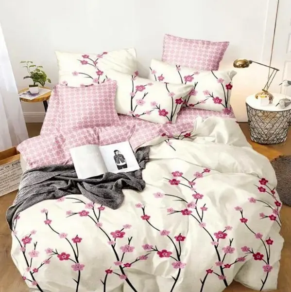 Lenjerie pat dublu, bumbac satinat, cearsaf clasic, 4 piese, Roz, flori de cires